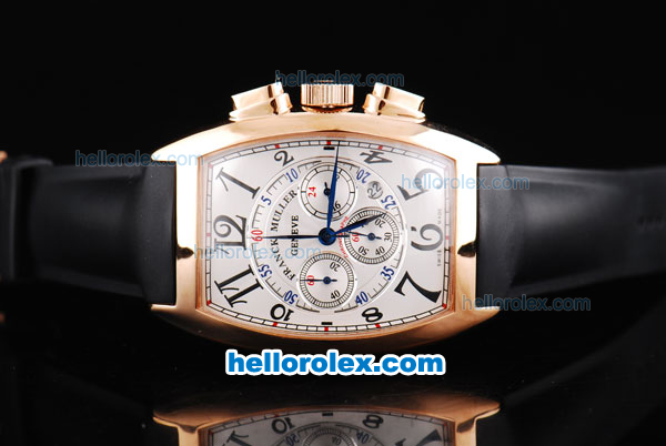 Franck Muller Casablanca Chronograph Quartz Movement Rose Gold Case with White Dial and Black Rubber Strap - Click Image to Close